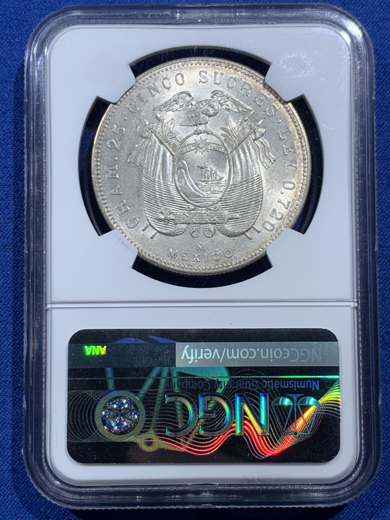 《竞宝斋》第469场 周日，周一 2场连拍 （全场包邮）欢迎送拍 NGC MS63 厄瓜多尔1943年5苏克雷大银币，包浆与转光都很不错 仅发行两个年份