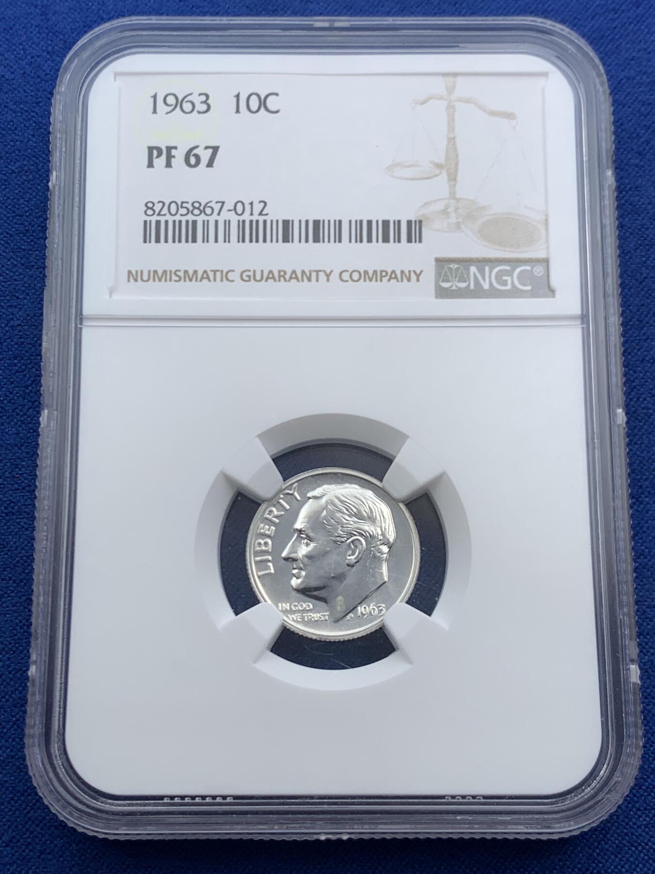 《竞宝斋》第469场 周日，周一 2场连拍 （全场包邮）欢迎送拍 NGC PF67 美国罗斯福1963年10分银币，精制币镜面感十足