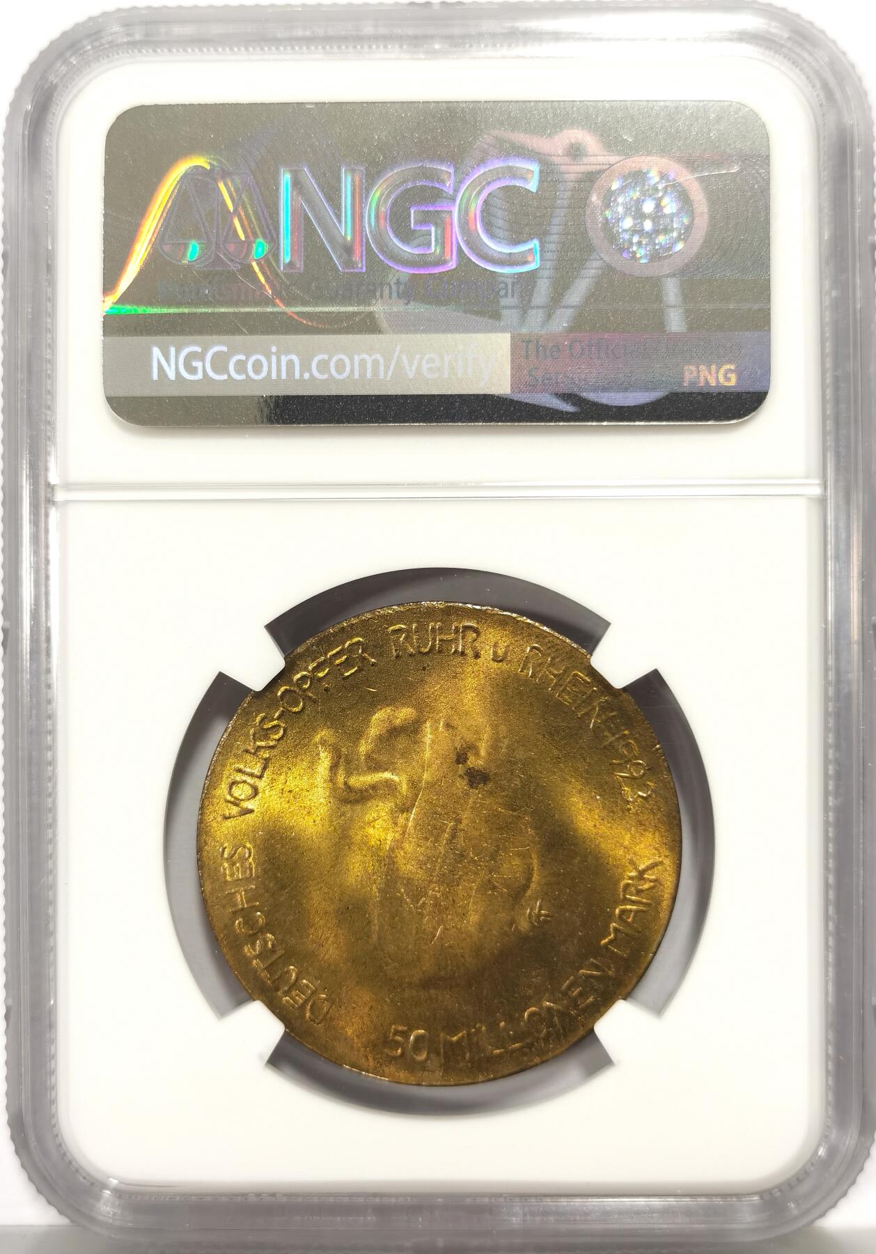 博洋堂世界钱币拍卖第164期（全场包邮） NGC MS63 德国德紧1923年鲁尔与莱茵地区5000万马克铜币，正面描绘了普罗米修斯被鹰啄食肝脏的神话故事，象征当时恶性通胀下德国人民的悲惨境遇