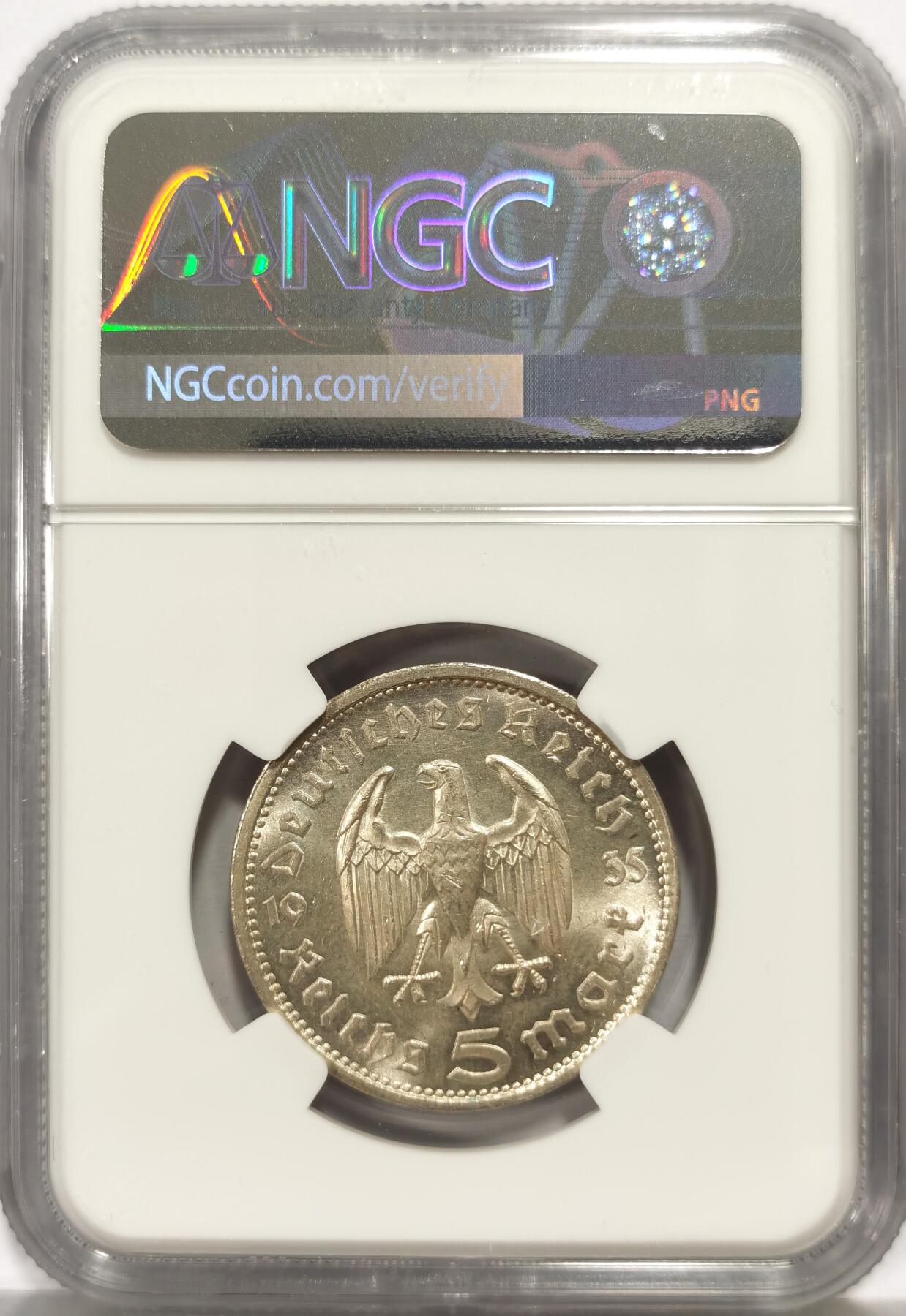 博洋堂世界钱币拍卖第164期（全场包邮） NGC MS63 德国第三帝国1935年A版兴登堡5马克银币