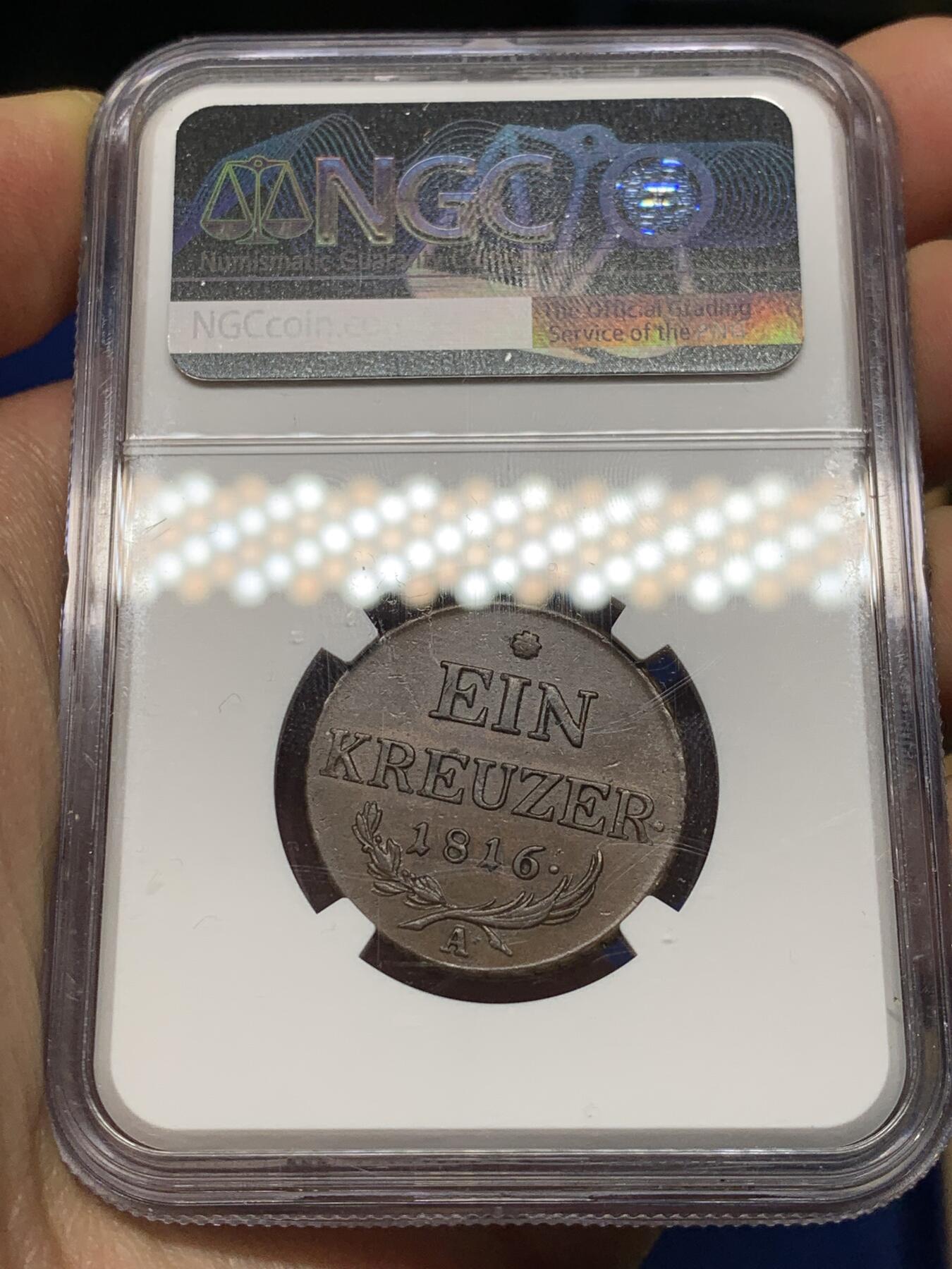 《竞宝斋》第469场 周日，周一 2场连拍 （全场包邮）欢迎送拍 NGC AU58BN   奥地利 1816年 1克鲁泽 铜币 好品细节