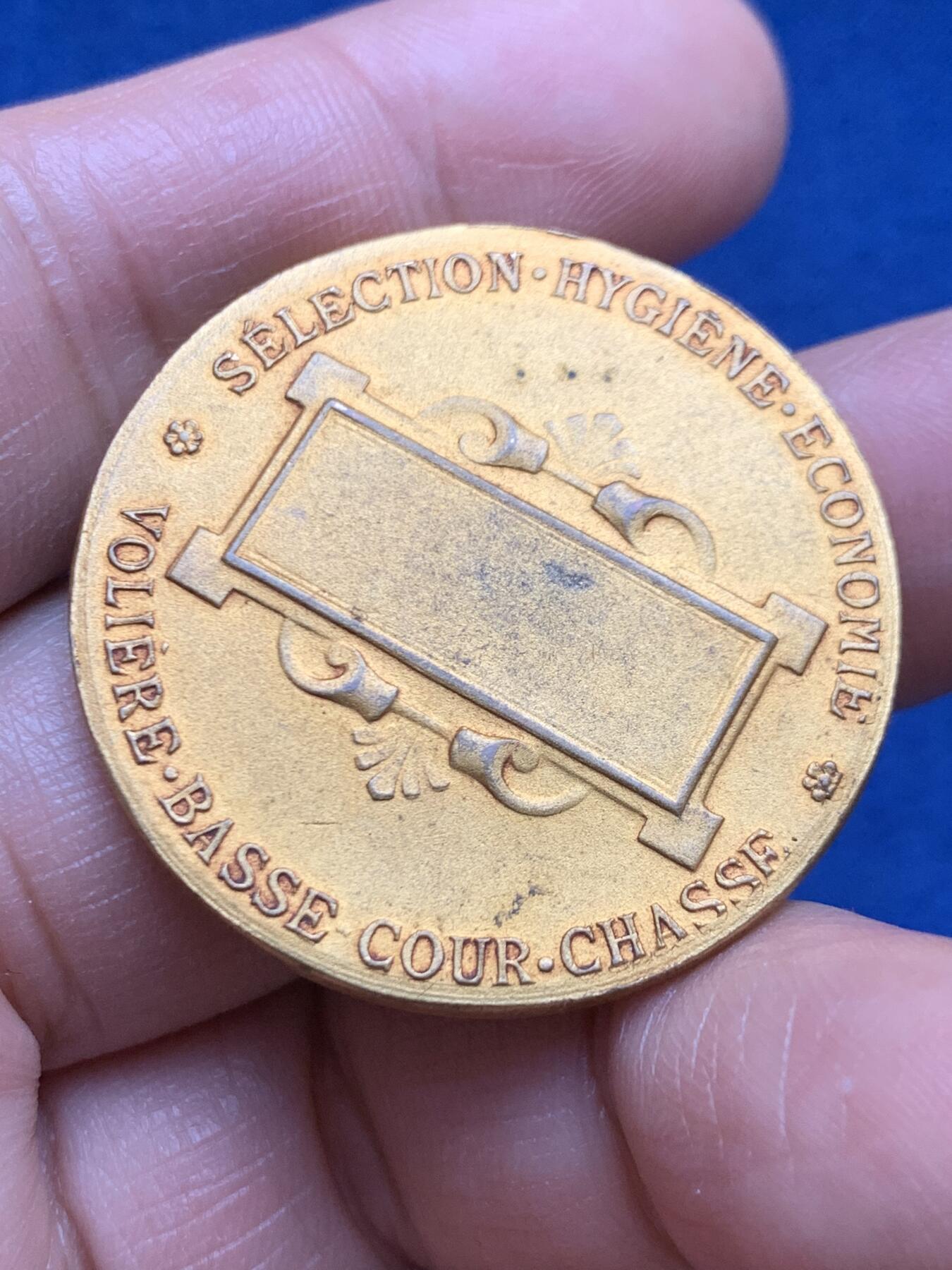 《竞宝斋》第469场 周日，周一 2场连拍 （全场包邮）欢迎送拍 1891年法国鸟舍、家禽饲养与狩猎等优选卫生经济镀金铜章 23.5克 35.9mm