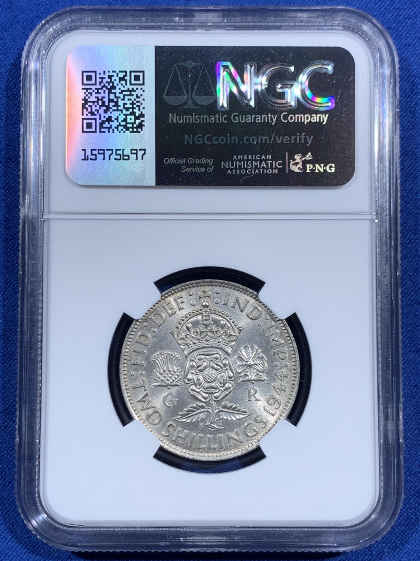 《竞宝斋》第469场 周日，周一 2场连拍 （全场包邮）欢迎送拍 NGC UNCD 英国1944年弗洛林银币，银光不错，疑似错杀