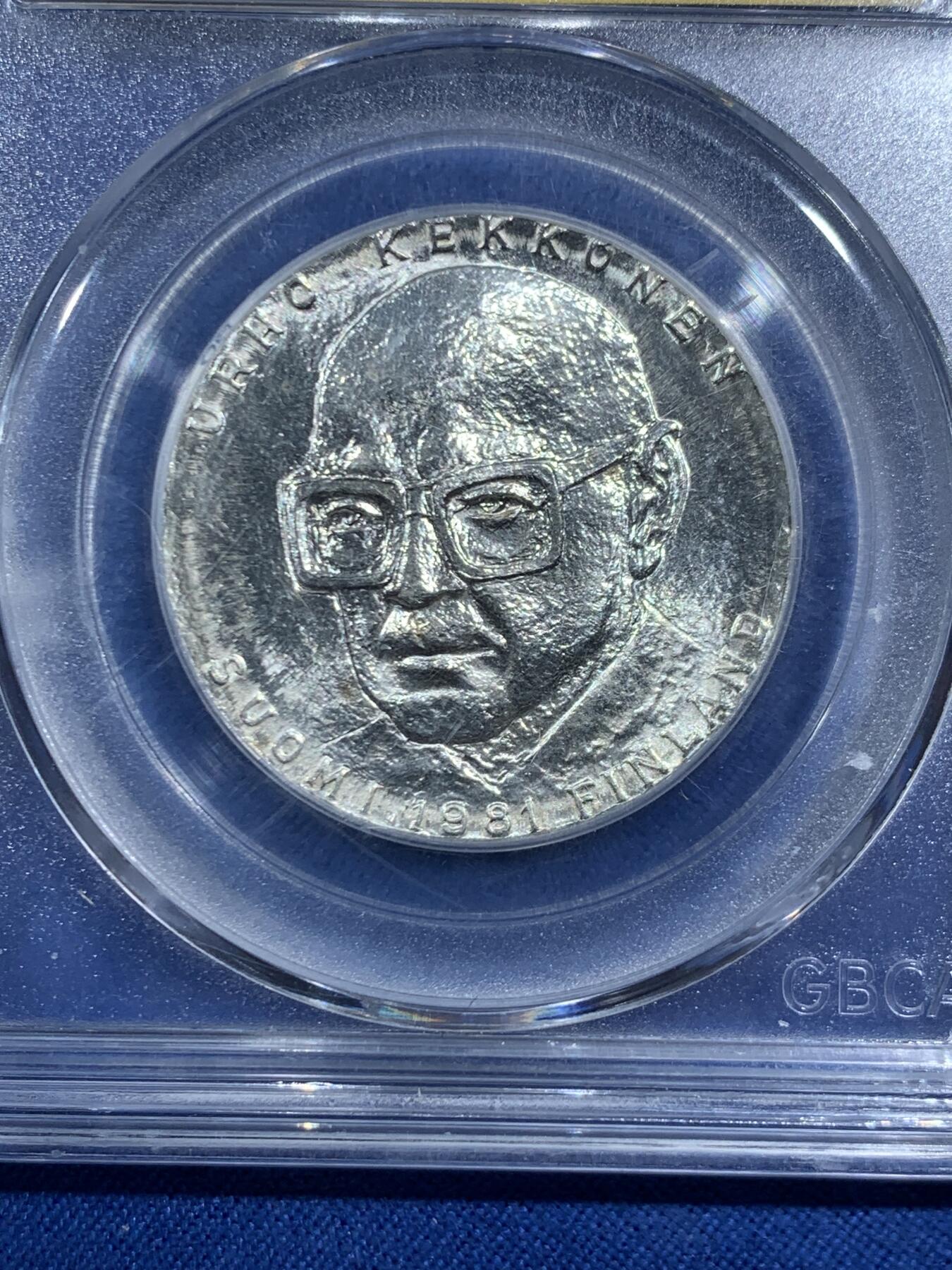 《竞宝斋》第469场 周日，周一 2场连拍 （全场包邮）欢迎送拍 公博 MS66 芬兰1981年吉科宁总理80岁生日纪念50马克银币，20g，500银