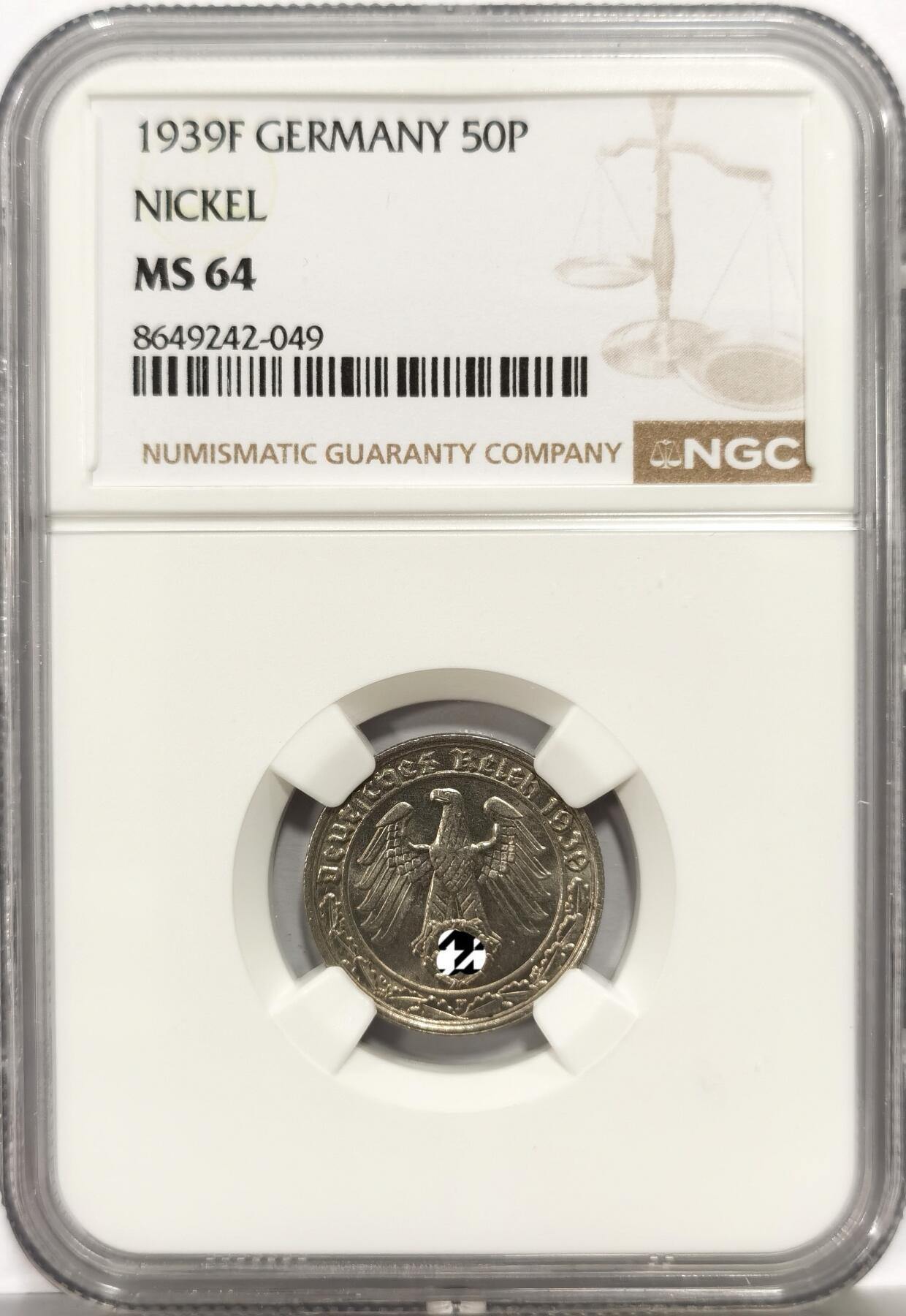 博洋堂世界钱币拍卖第164期（全场包邮） NGC MS64 德国第三帝国1939F版50芬尼镍币，传说中的回炉坦克币