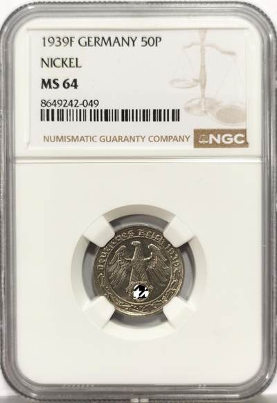 博洋堂世界钱币拍卖第164期（全场包邮） - NGC MS64 德国第三帝国1939F版50芬尼镍币，传说中的回炉坦克币