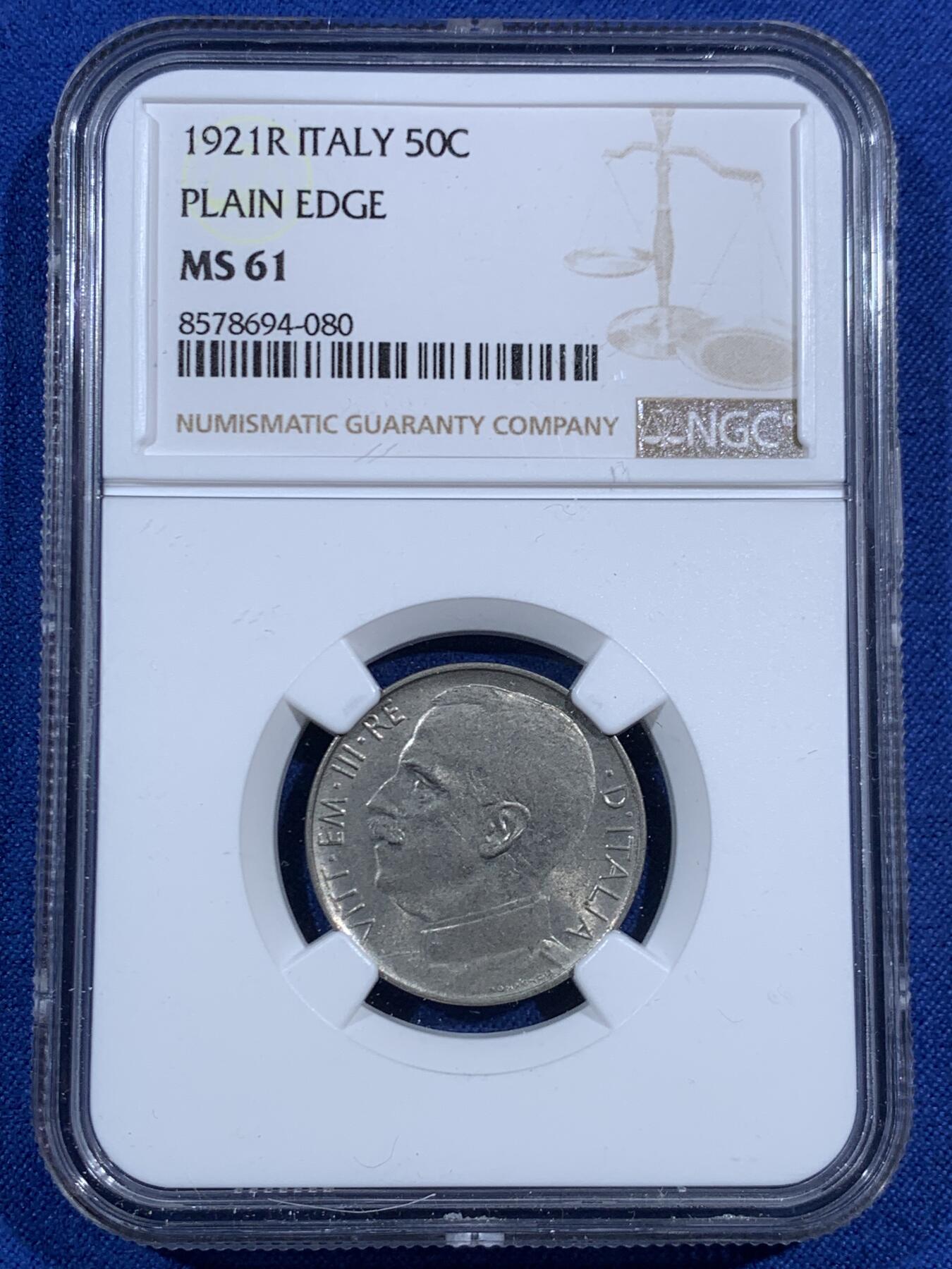 《竞宝斋》第469场 周日，周一 2场连拍 （全场包邮）欢迎送拍 NGC MS61 意大利1921年四狮子拉马车50分