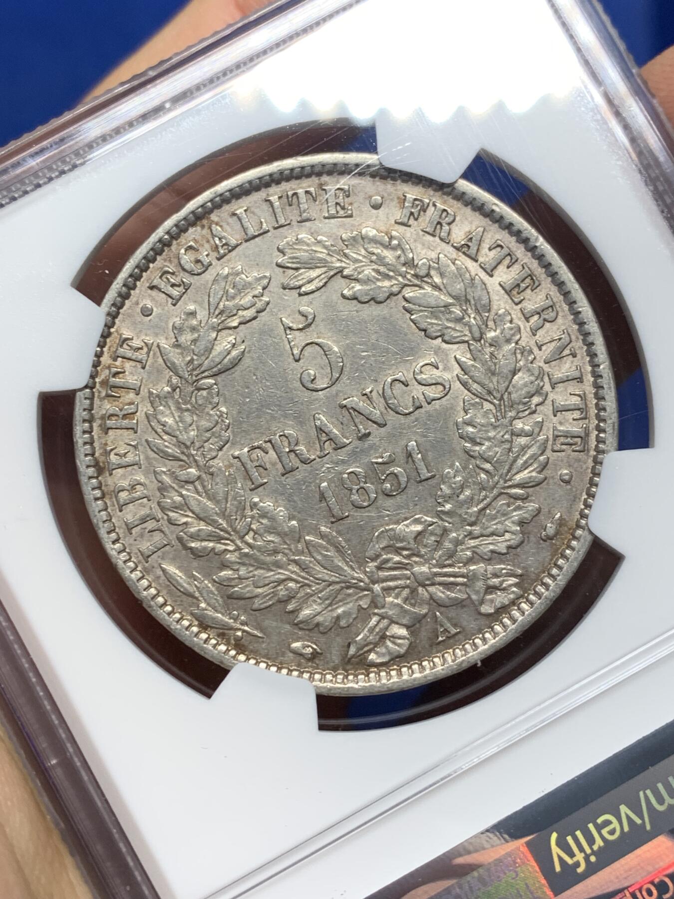 《竞宝斋》第469场 周日，周一 2场连拍 （全场包邮）欢迎送拍 NGC AUD 法国1851年谷物女神5法郎大银币 A厂铭 状态还不错