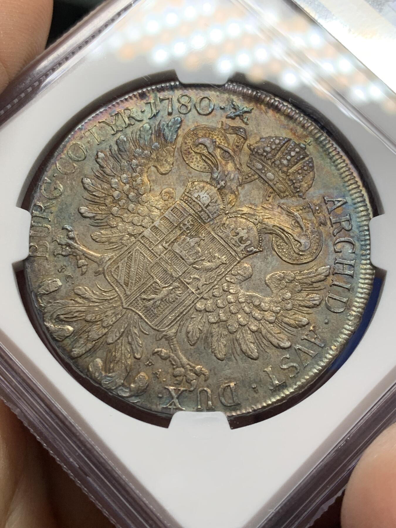 《竞宝斋》第469场 周日，周一 2场连拍 （全场包邮）欢迎送拍 NGC AU55 奥地利 1780年 原铸玛利亚特蕾莎大奶妈泰勒大银币 维也纳版 正面环彩 背面蓝五彩包浆 历史感厚重