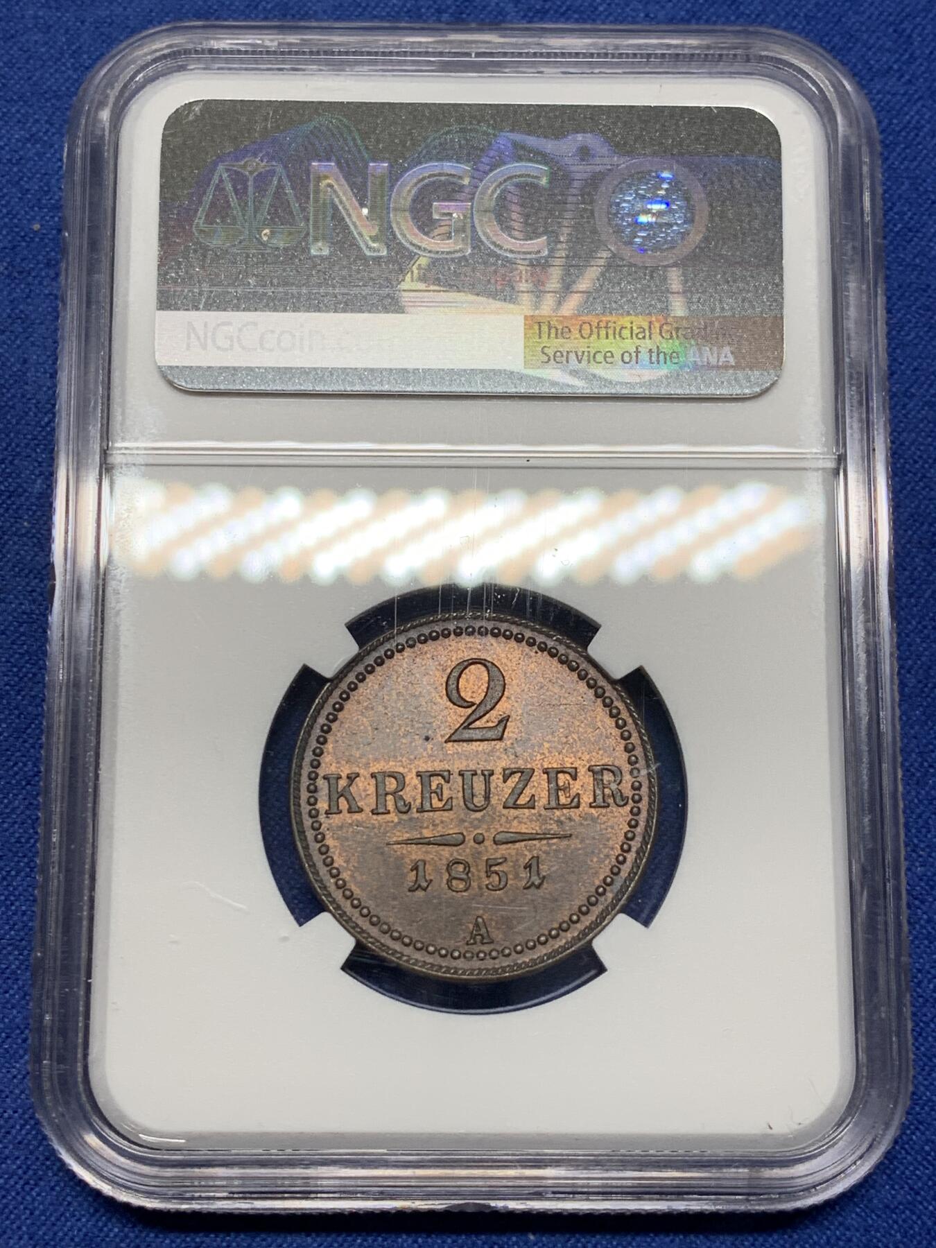 《竞宝斋》第469场 周日，周一 2场连拍 （全场包邮）欢迎送拍 NGC MS62BN 奥地利 1851年 2克鲁泽铜币