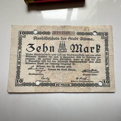 🌹外币初藏🌹🐯2026年第27场   每周二四六晚8️⃣点 接代拍 - 德国1918年阿尔托纳市 10马克紧急纸币