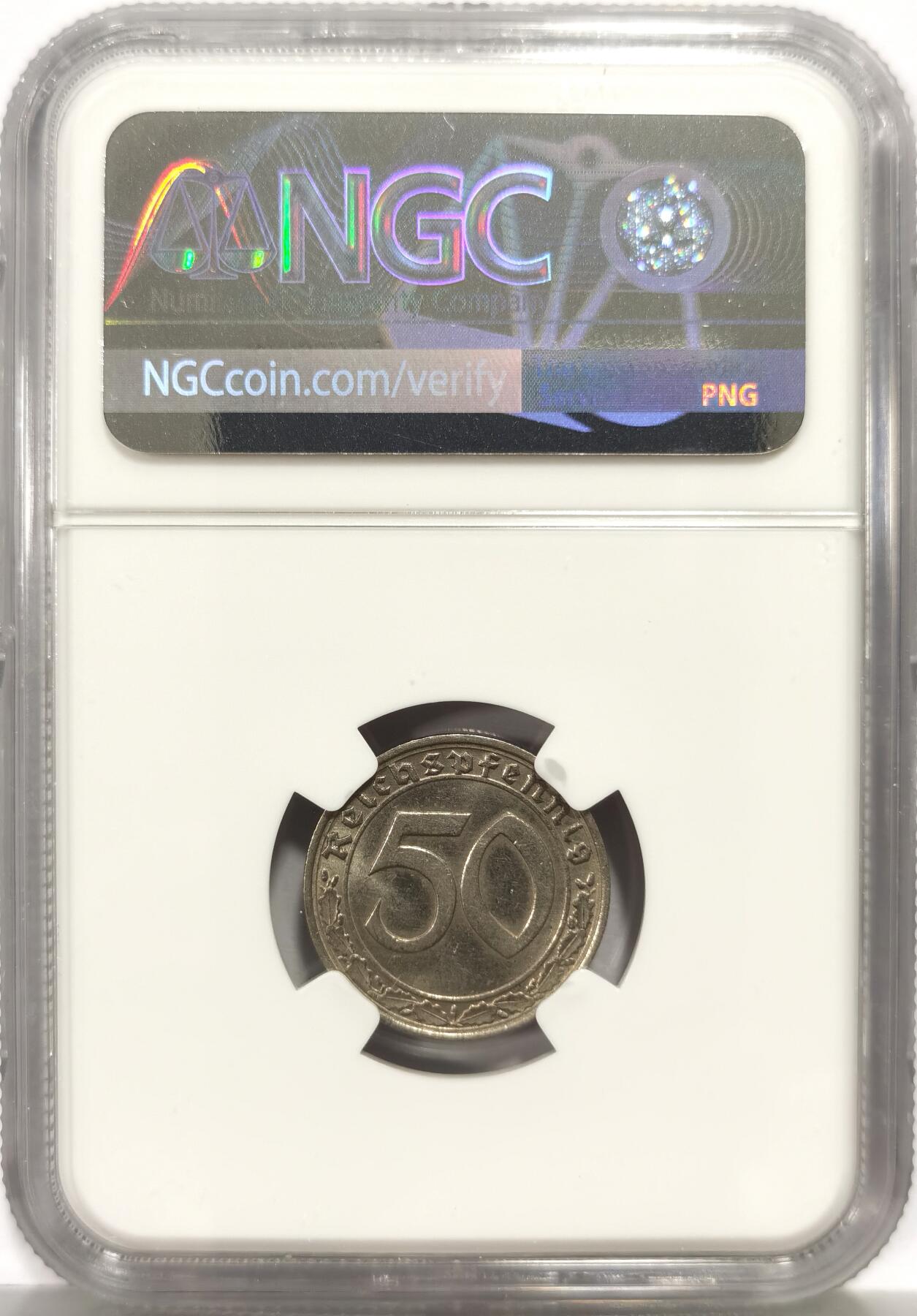 博洋堂世界钱币拍卖第164期（全场包邮） NGC MS63 德国第三帝国1939年D版50芬尼镍币，传说中的回炉坦克币