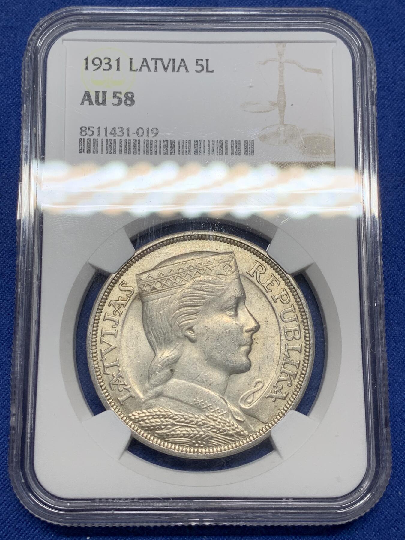 《竞宝斋》第469场 周日，周一 2场连拍 （全场包邮）欢迎送拍 NGC AU58 拉脱维亚1931年谷物女神5拉特银币，状态非常好，略低评