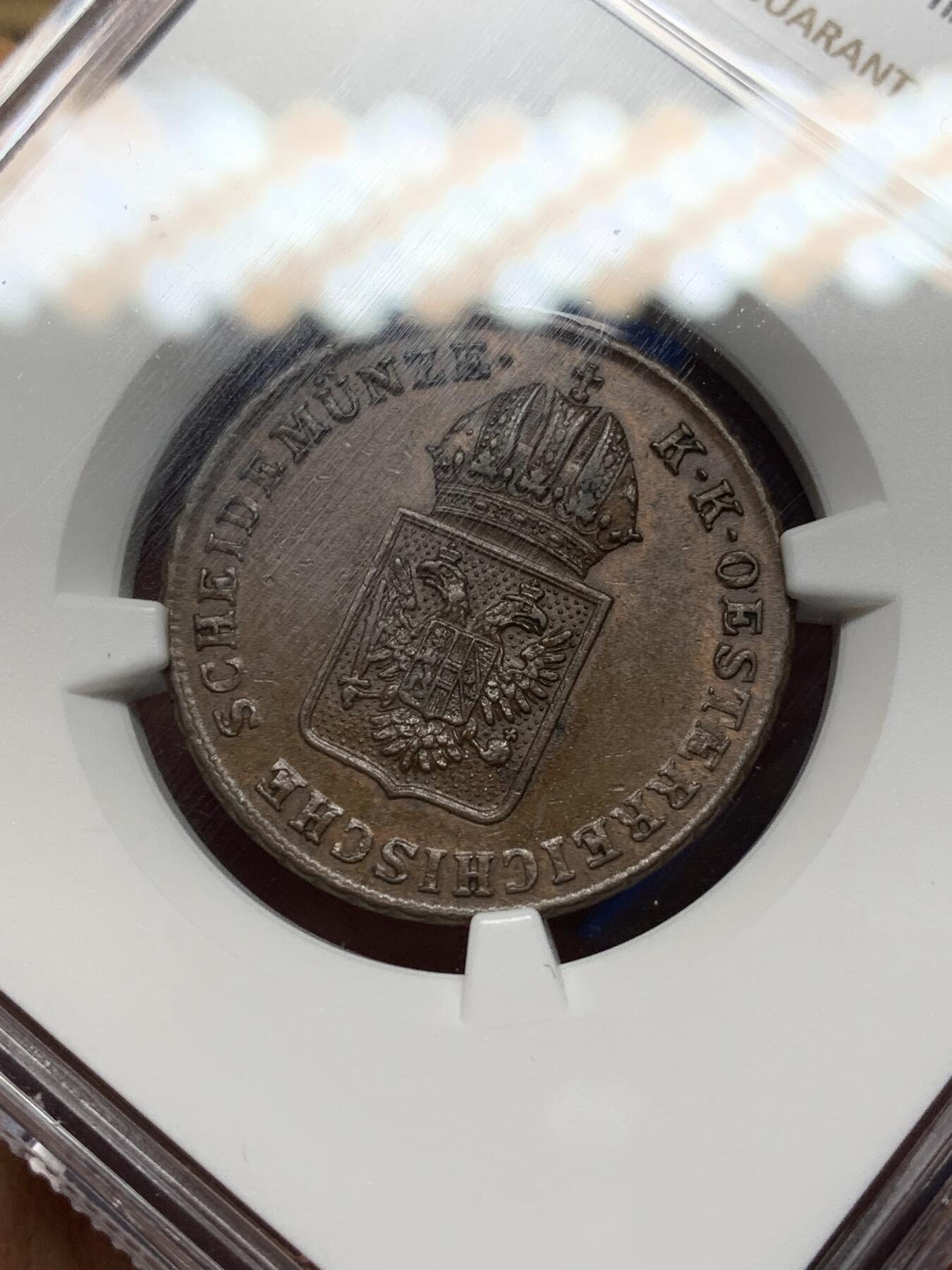 《竞宝斋》第469场 周日，周一 2场连拍 （全场包邮）欢迎送拍 NGC AU58BN   奥地利 1816年 1克鲁泽 铜币 好品细节