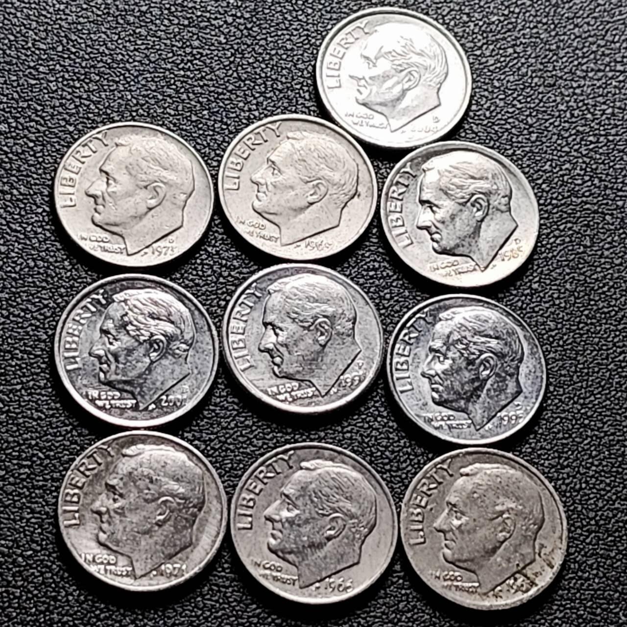 泉币菌-第206场-拍品多 请提前出价 10枚 高币值一组 美国10美分 罗斯福总统 混合年份未挑