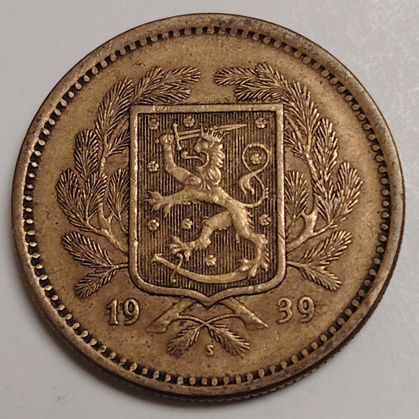 布加迪🐬～世界钱币(上海)🌾第 280 期 /  各国套币和散币 芬兰🇫🇮 1939年 20马克铜币 31mm