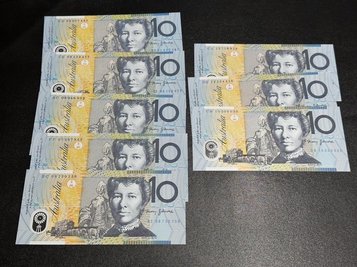 《外钞收藏家》第六百一十六期（精品场）（长期征集拍品、欢迎藏友们联系合作） 澳大利亚塑料钞10元 7个年份 8张一起 全新UNC 