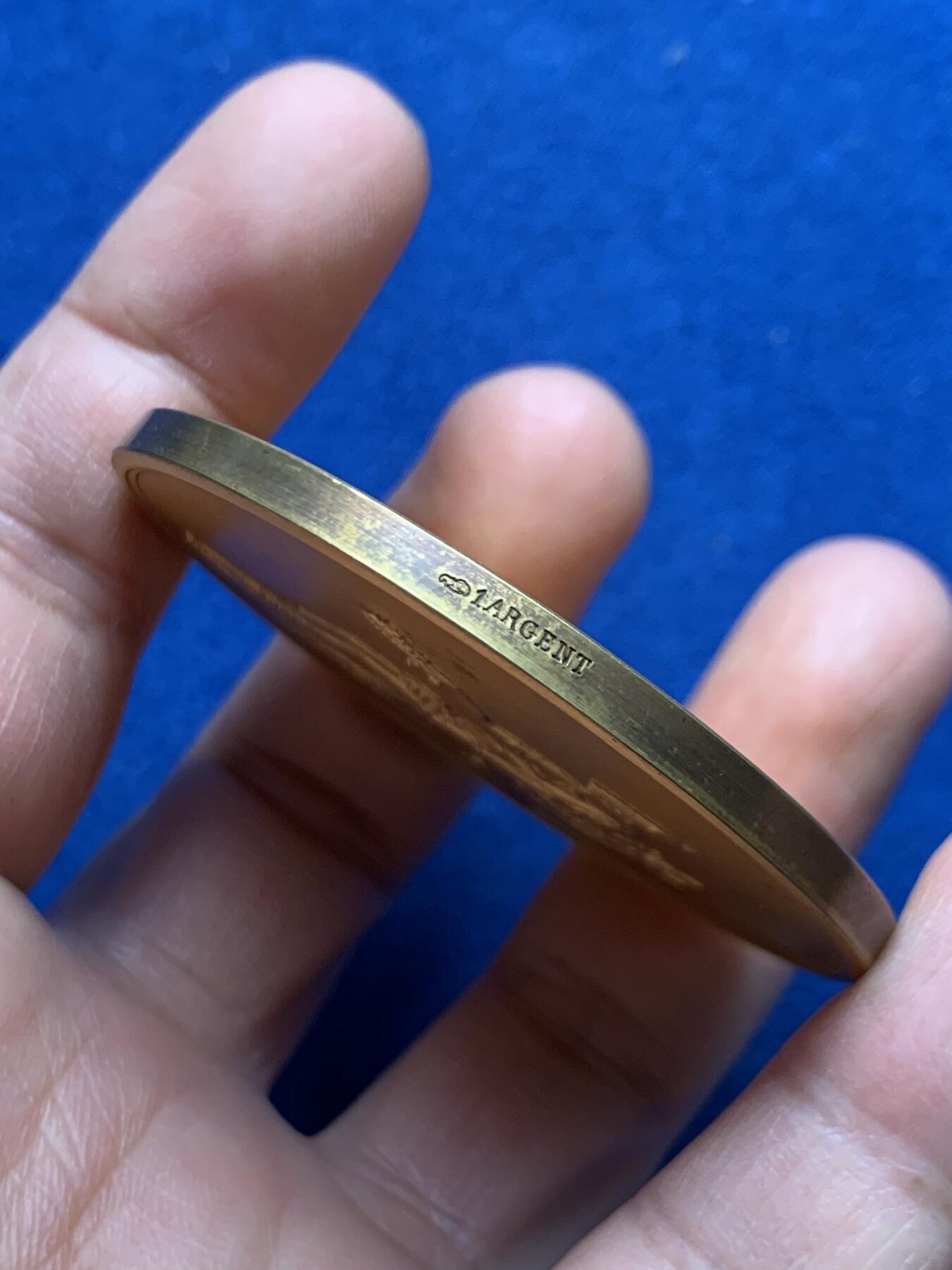 《竞宝斋》第469场 周日，周一 2场连拍 （全场包邮）欢迎送拍 1879年法国科多尔省瑟米尔学院校友协会镀金大银章 91.6克 56.6mm 丰饶角1银标 保存良好