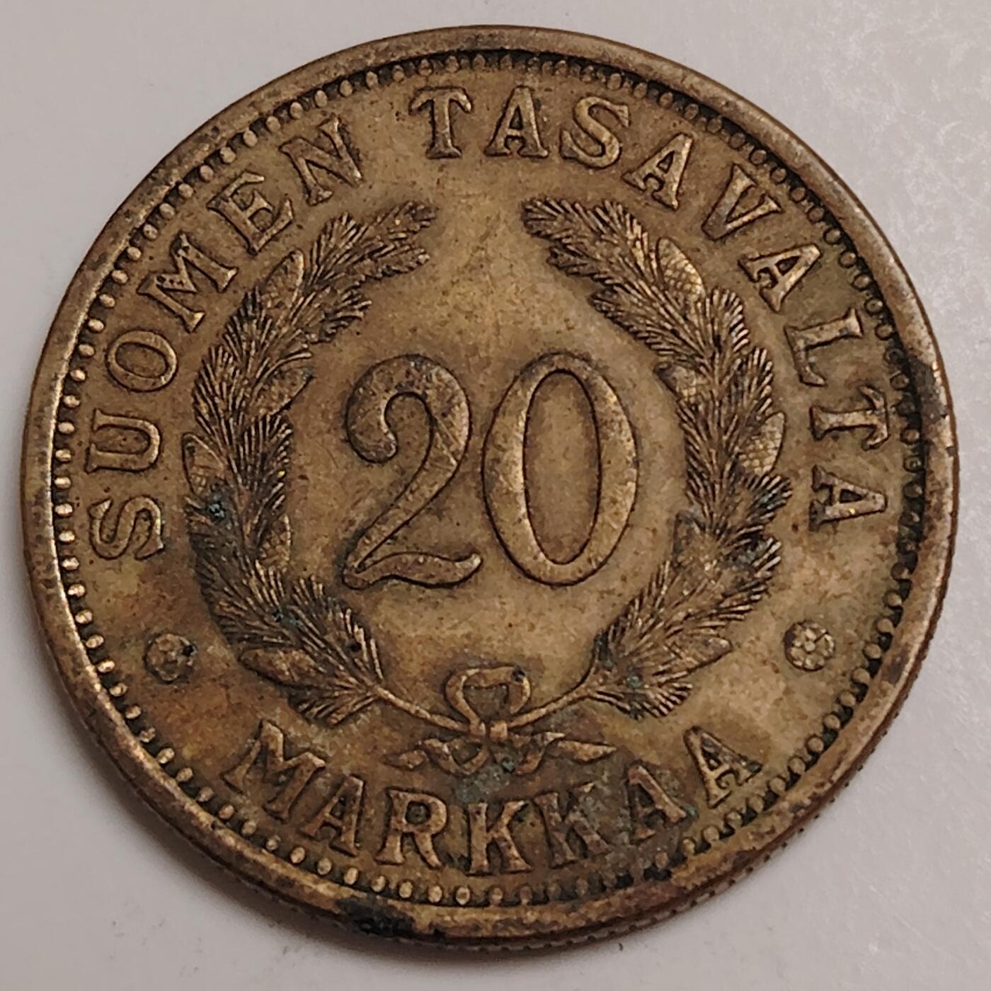 布加迪🐬～世界钱币(上海)🌾第 280 期 /  各国套币和散币 芬兰🇫🇮 1939年 20马克铜币 31mm