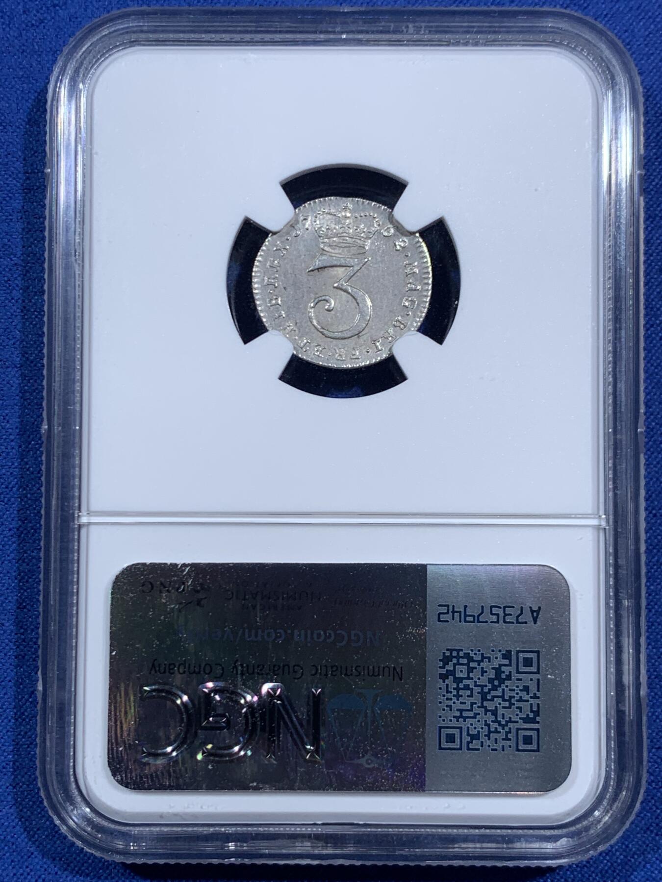 《竞宝斋》第469场 周日，周一 2场连拍 （全场包邮）欢迎送拍 NGC MS63 英国1762年乔治三世3便士濯足币，原光，高分难得