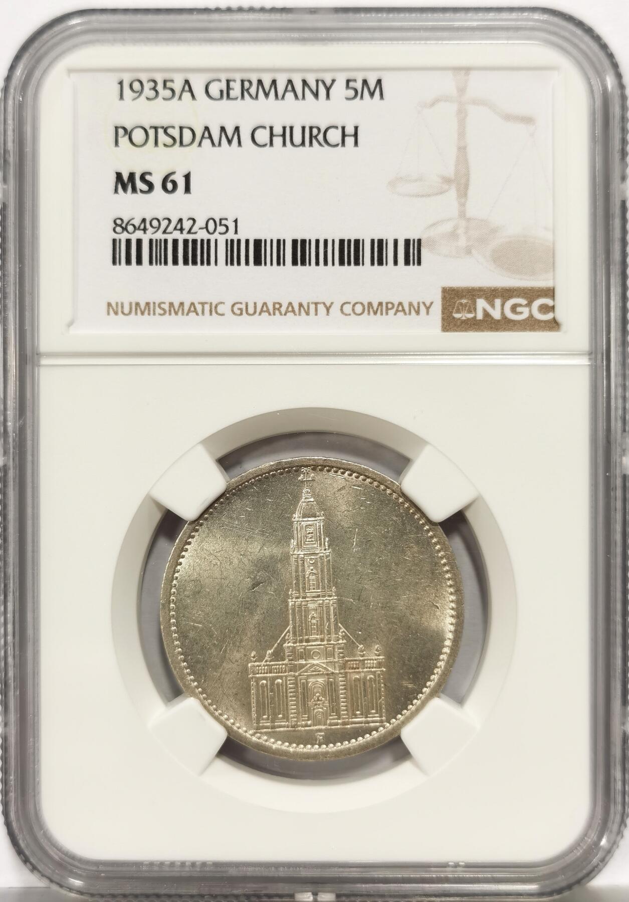 博洋堂世界钱币拍卖第164期（全场包邮） NGC MS61 德国第三帝国1935年A版无字教堂5马克银币