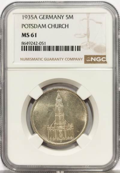 博洋堂世界钱币拍卖第164期（全场包邮） - NGC MS61 德国第三帝国1935年A版无字教堂5马克银币