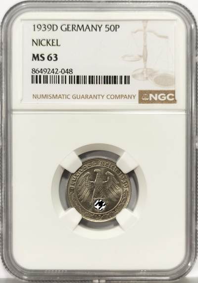 博洋堂世界钱币拍卖第164期（全场包邮） - NGC MS63 德国第三帝国1939年D版50芬尼镍币，传说中的回炉坦克币