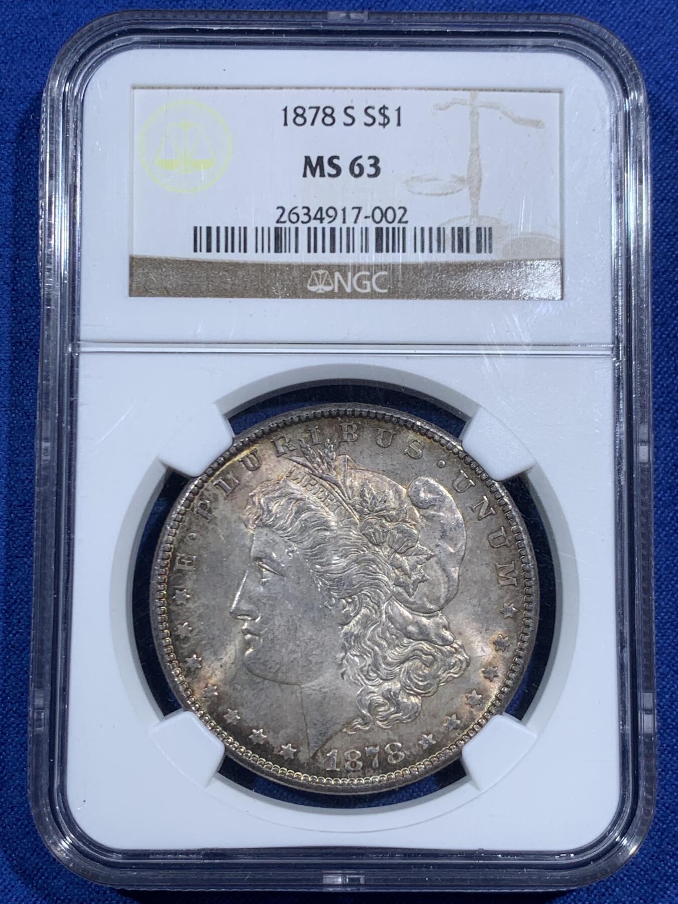 《竞宝斋》第469场 周日，周一 2场连拍 （全场包邮）欢迎送拍 NGC MS63 美国1878年摩根银币 首年白币常见，如此好彩比较难得，值得入藏