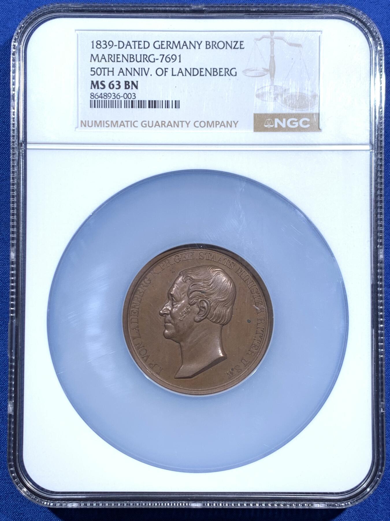 《竞宝斋》第469场 周日，周一 2场连拍 （全场包邮）欢迎送拍 NGC MS63BN 普鲁士1839枢密院大臣冯.兰登伯格纪念铜章 加大加厚盒