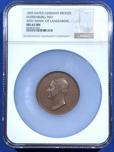 《竞宝斋》第469场 周日，周一 2场连拍 （全场包邮）欢迎送拍 - NGC MS63BN 普鲁士1839枢密院大臣冯.兰登伯格纪念铜章 加大加厚盒