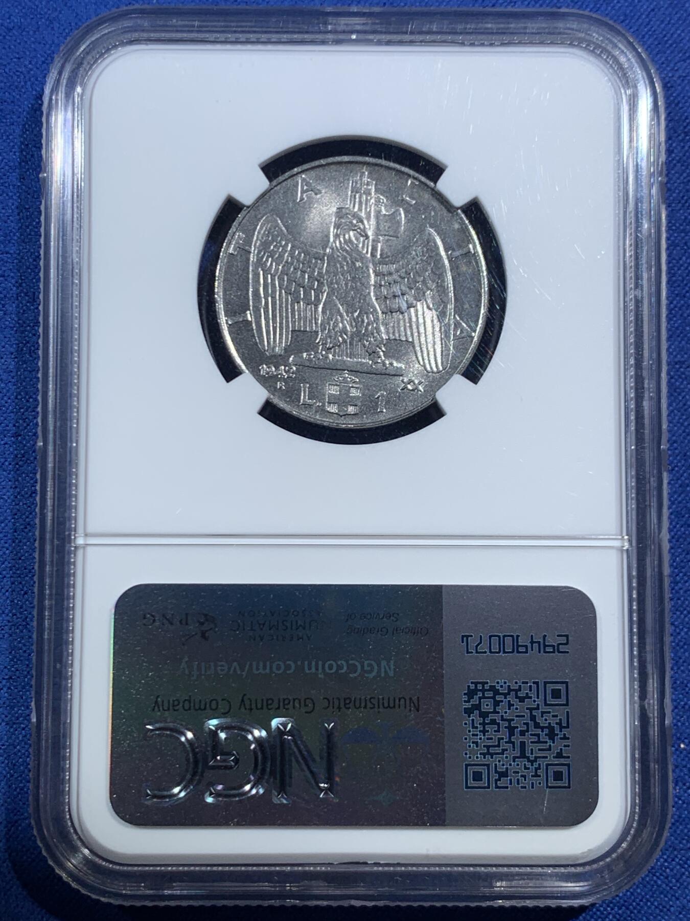 《竞宝斋》第469场 周日，周一 2场连拍 （全场包邮）欢迎送拍 NGC MS64 意大利1942年1里拉