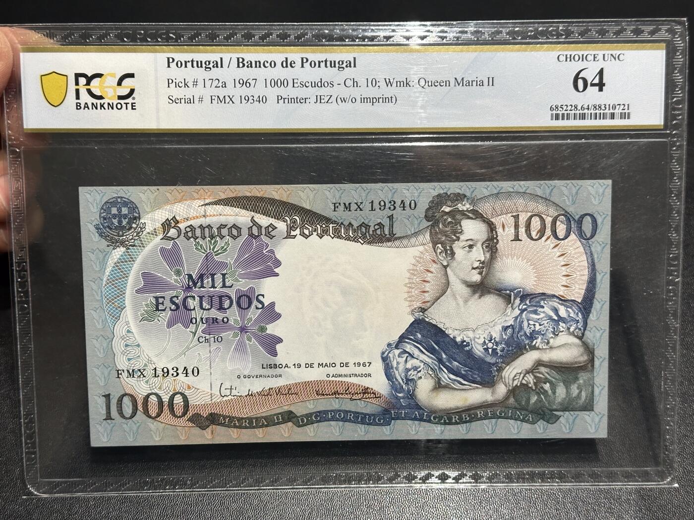 《外钞收藏家》第六百一十六期（精品场）（长期征集拍品、欢迎藏友们联系合作） 1967年葡萄牙1000面额 PCGS64 年份号