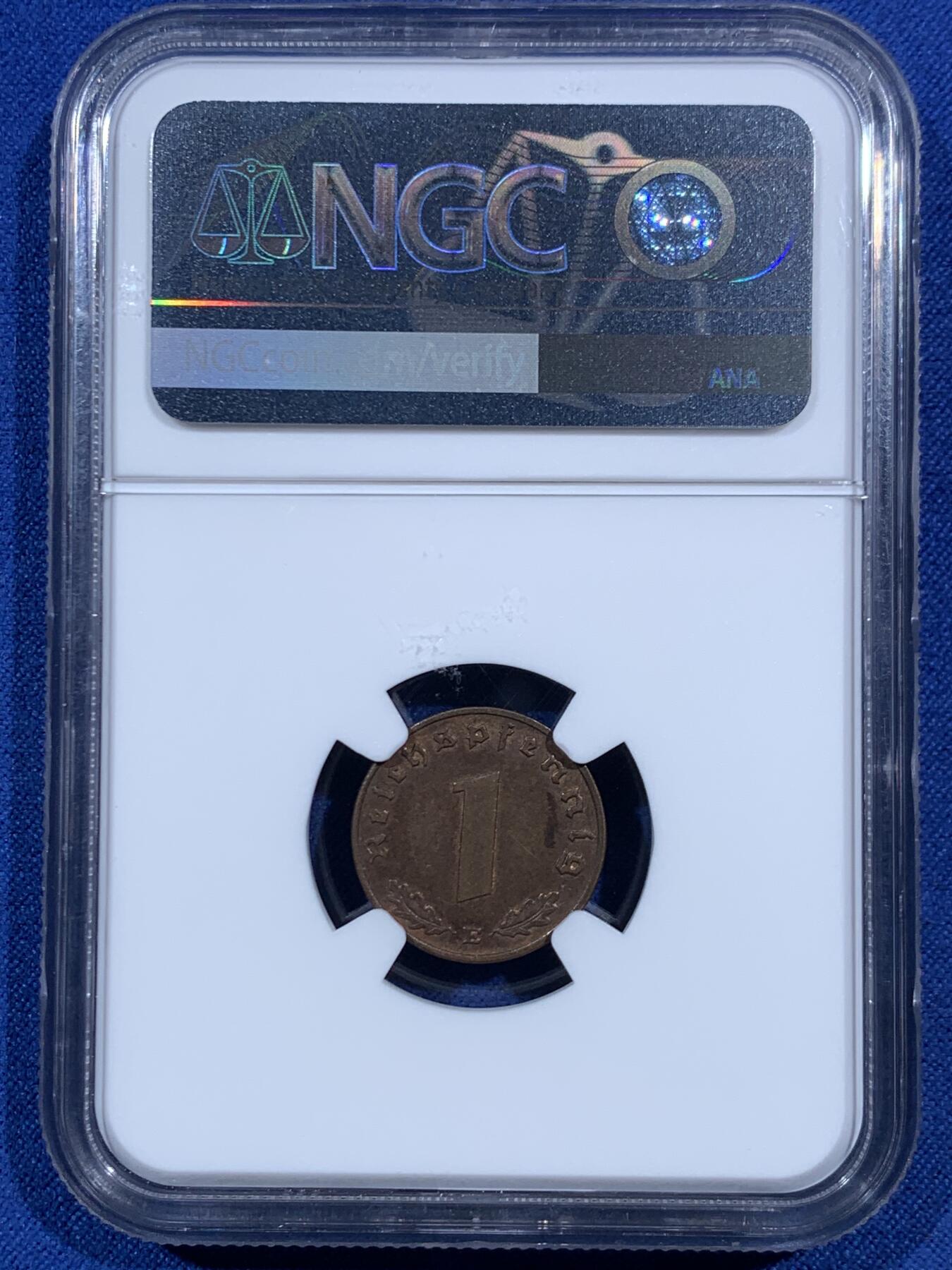 《竞宝斋》第469场 周日，周一 2场连拍 （全场包邮）欢迎送拍 三枚一组 NGC MS61BN/UNCD 德国带风车1芬尼铜币，其中两枚61分，一枚BU的UNCD，热门品种