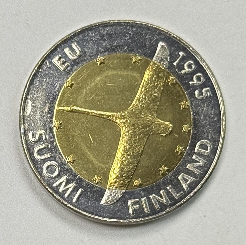 S&S Numismatic世界钱币-拍卖 第122期  芬兰1995年 欧盟轮值主席国 10马克双色纪念币 错版-十点钟方向磨具裂