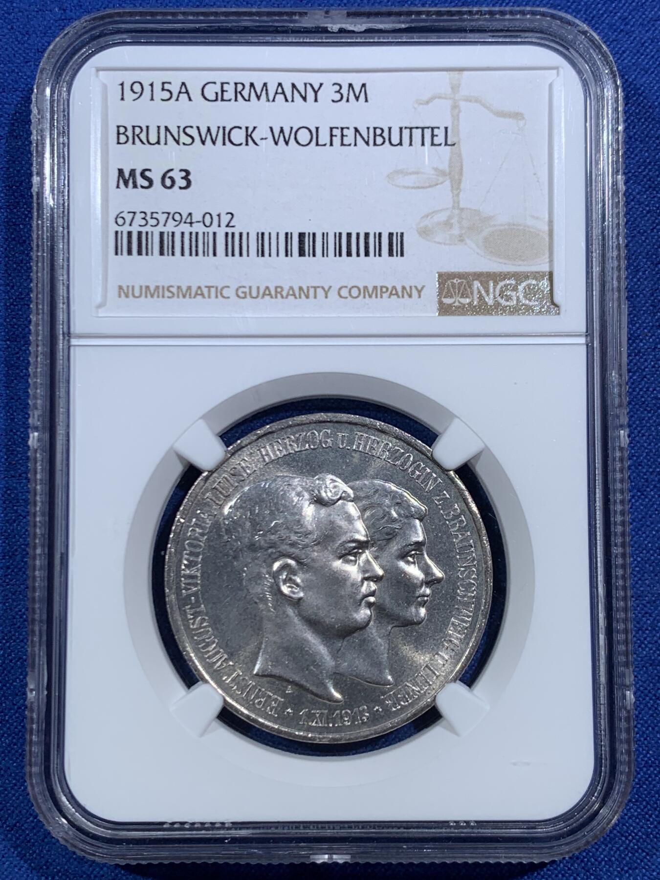 《竞宝斋》第469场 周日，周一 2场连拍 （全场包邮）欢迎送拍 NGC MS63 德国 布伦瑞克公国 1915A 公爵恩斯特.奥古斯特结婚纪念3马克银币