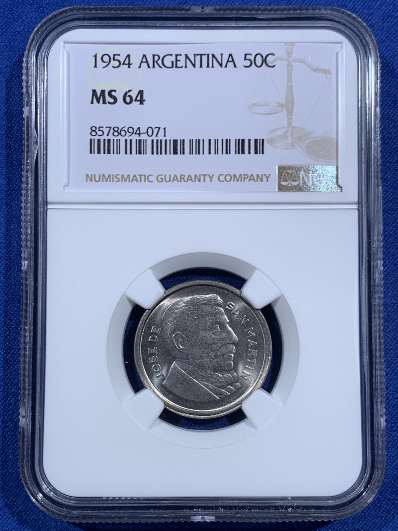 《竞宝斋》第469场 周日，周一 2场连拍 （全场包邮）欢迎送拍 NGC MS64 阿根廷1954年50分镍币，不多见面值，少见年份，唯一的冠军分