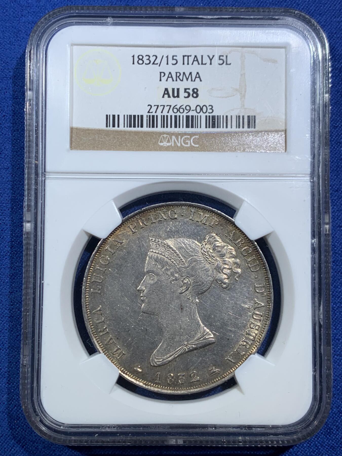 《竞宝斋》第469场 周日，周一 2场连拍 （全场包邮）欢迎送拍 NGC AU58 意大利帕尔马1832/15骑字5里拉大银币，正面为拿破仑皇后、女大公玛丽亚·露易丝，背面公国纹章繁复华丽。底板PL感足，实物观感极佳，不输MS，堪称同分中的战斗机。骑字版尤为稀少，更高仅有7枚。意系法系交汇的名誉品，国际拍卖大热点
