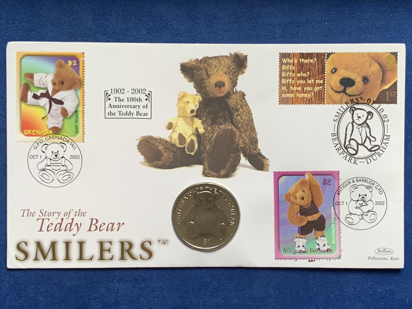 《竞宝斋》第469场 周日，周一 2场连拍 （全场包邮）欢迎送拍 英属维京群岛2002年泰迪熊100周年1元纪念币，附泰迪熊邮票和邮戳