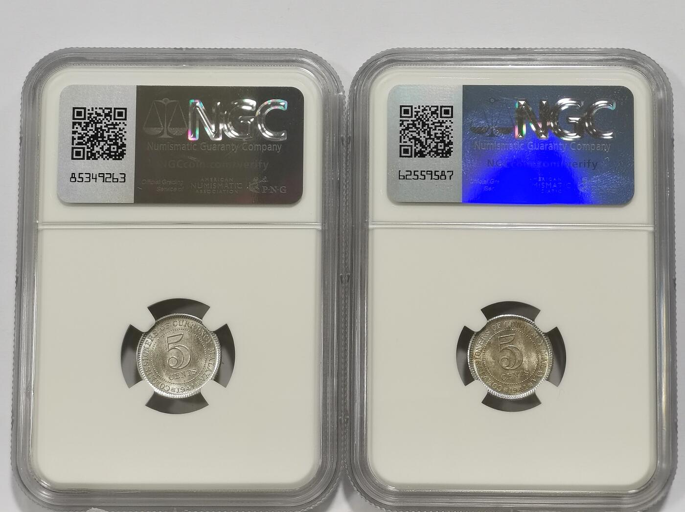 博洋堂世界钱币拍卖第164期（全场包邮） NGC MS61/62 英属马来亚1941年乔治六世5分银币2枚一对