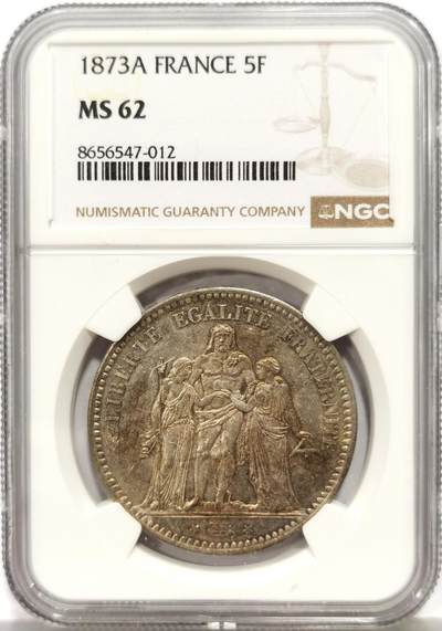博洋堂世界钱币拍卖第164期（全场包邮） - NGC MS62 法国1873年大力神5法郎大银币，五彩包浆，带光好品。