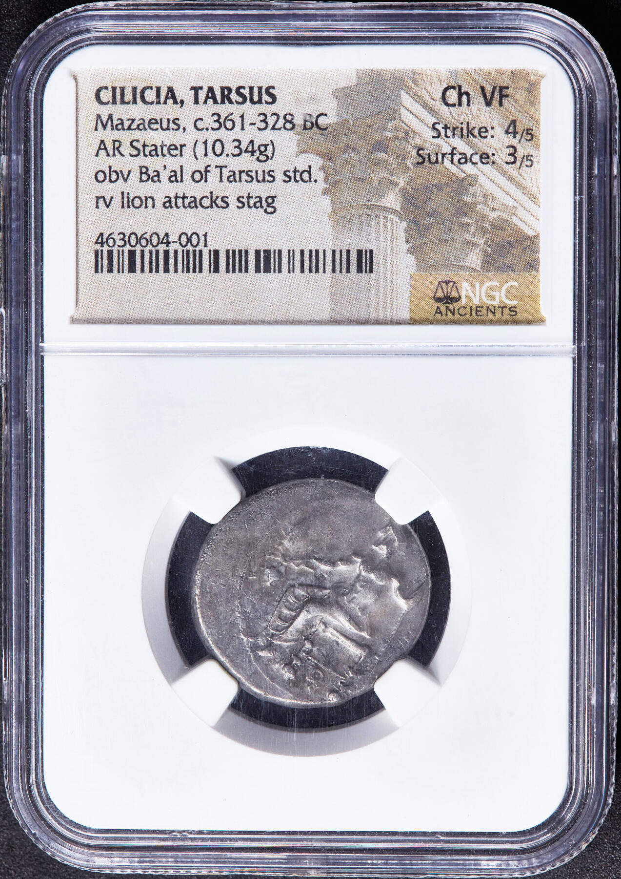 【俄甄集藏】2026年(049)03-18星期三 晚 19:30 全场包邮 古希腊西里西亚塔尔苏斯公元前361-前328年波斯总督马札伊俄斯1斯塔特狮子捕鹿银币，NGC ChVF (Str4/5, Sur3/5)，正面是东方神话中的主神巴力塔尔神坐像，一手持权杖一手持麦穗葡萄，背面雄狮扑咬公鹿，直径23mm，重10.34克，稀有品种