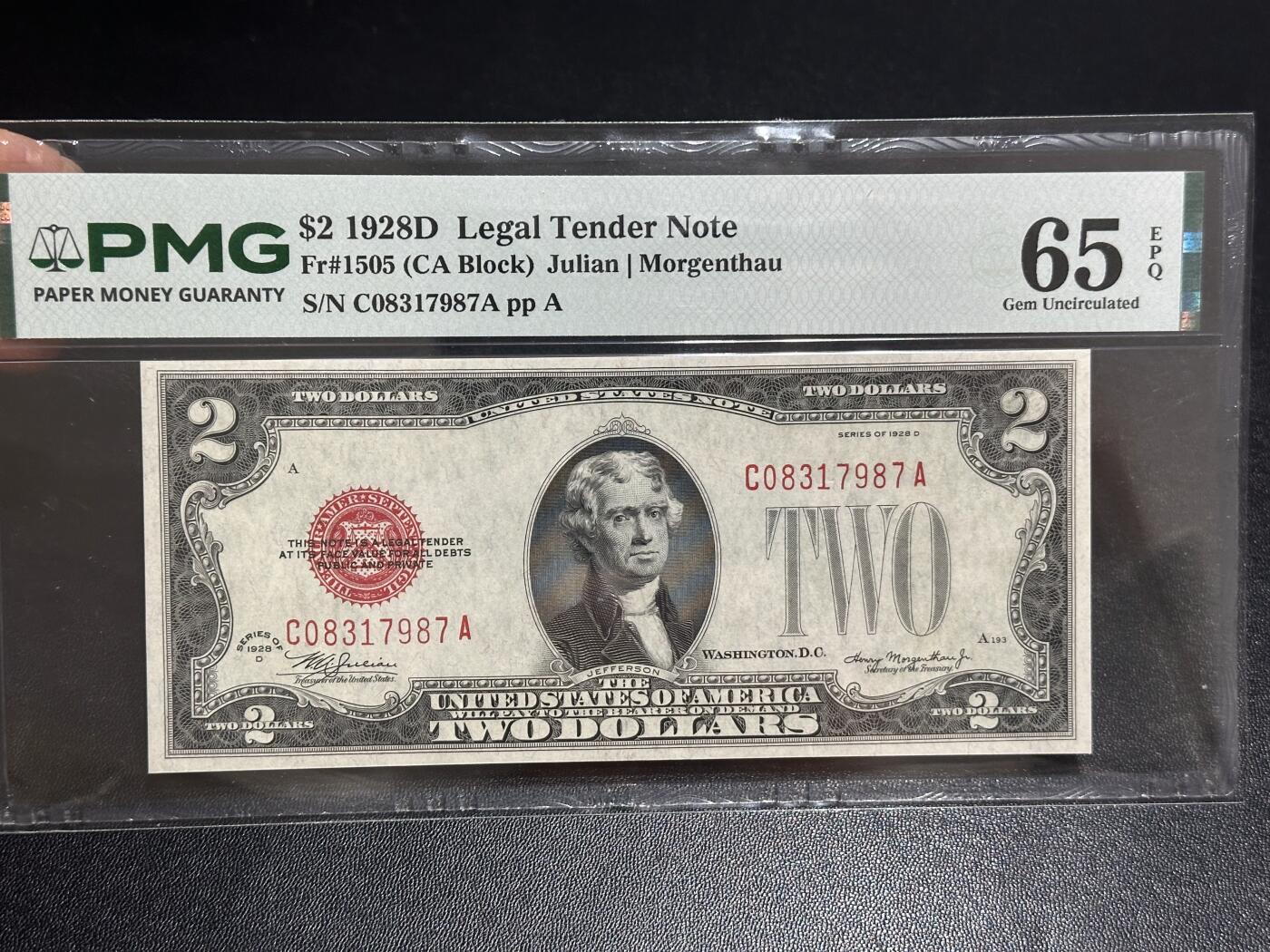 《外钞收藏家》第六百一十六期（精品场）（长期征集拍品、欢迎藏友们联系合作） 1928年美国2美元 红库印 PMG65