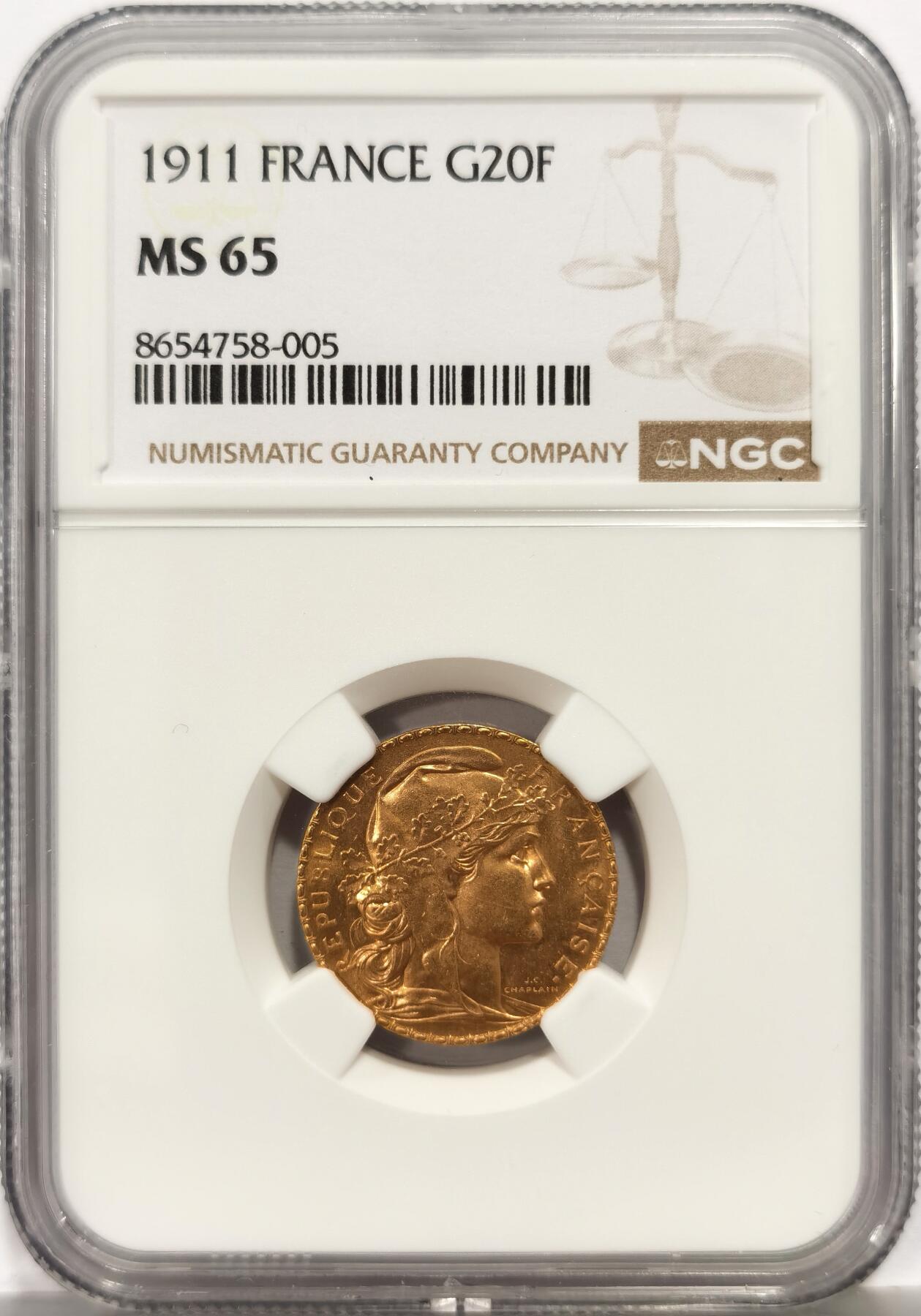 博洋堂世界钱币拍卖第164期（全场包邮） NGC MS65 法国1911年20法郎金币 好年份高分