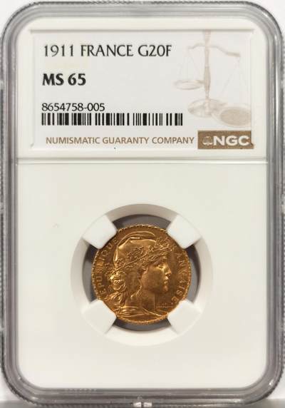 博洋堂世界钱币拍卖第164期（全场包邮） - NGC MS65 法国1911年20法郎金币 好年份高分