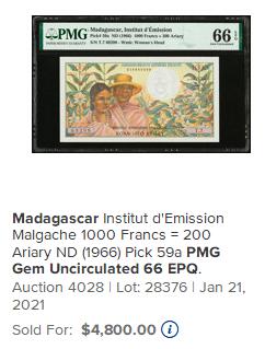 【Blue Auction】世界纸币精拍第793期——18级TOP拍卖/信誉/品质/专业/高效💫 【无47 顶级品相罕见】马达加斯加 1966年1000法郎 次高值  身着当地传统服饰的夫妇 背面特色牛车 色彩艳丽 PMG66EPQ 如此高分实属罕见 一步到位的收藏级 切勿错过获取这一珍稀非洲纸币的绝佳机会（5年前一张同分的拍了4800美金）