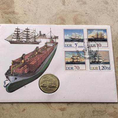 道一币馆币章第一百六十八场 - 邮币封 民主德国1988年罗斯托克新航运码头30年5马克纪念币-2