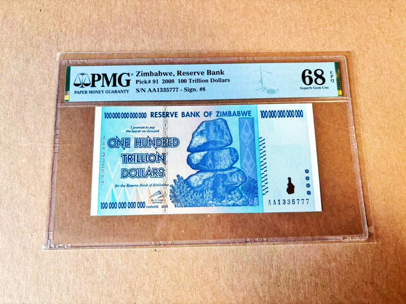 【Blue Auction】世界纸币精拍第793期——18级TOP拍卖/信誉/品质/专业/高效💫 【AA冠777豹子号】津巴布韦 2008年100万亿元 PMG68EPQ 高分