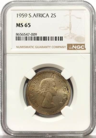 博洋堂世界钱币拍卖第164期（全场包邮） - NGC MS65 南非1959年伊丽莎白二世2先令银币，极美五彩包浆，丝绸般光泽。