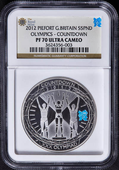 【俄甄集藏】2026年(049)03-18星期三 晚 19:30 全场包邮 - 英国2012年纪念伦敦奥运会倒计时彩绘加厚精制5镑大银币，NGC PF70UC，特殊标签，重56.56克，925银，发行量2324枚，少见品种