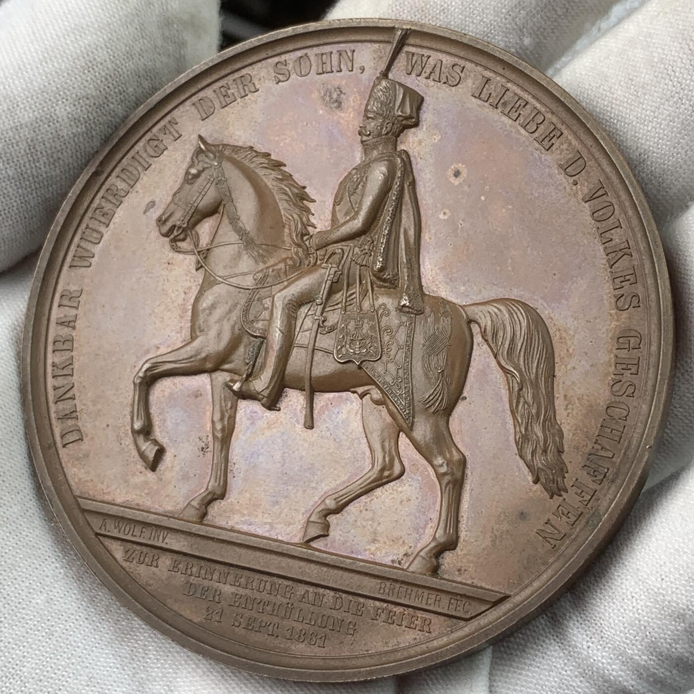 掌中浮雕-藏着的欧洲第054场 1861年汉诺威恩斯特•奥古斯特骑马雕像落成铜章， 70mm，F. Brehmer雕刻。英王乔治三世第五子，维多利亚女王的叔叔